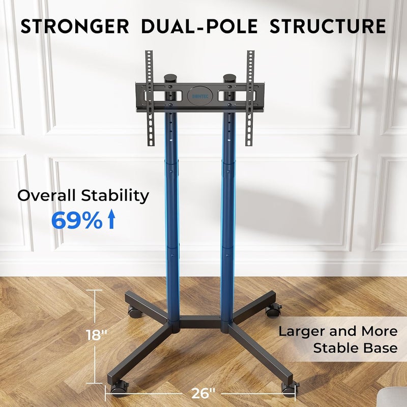 BONTEC Rolling TV Stand for 32-75 Inch TVs, Height Adjustable Mobile TV Cart on Wheels, Heavy Duty TV Stand Supports Up to 110lbs, Stable Dual-Column Design, Cable Management, Indoor, Outdoor - Image 5
